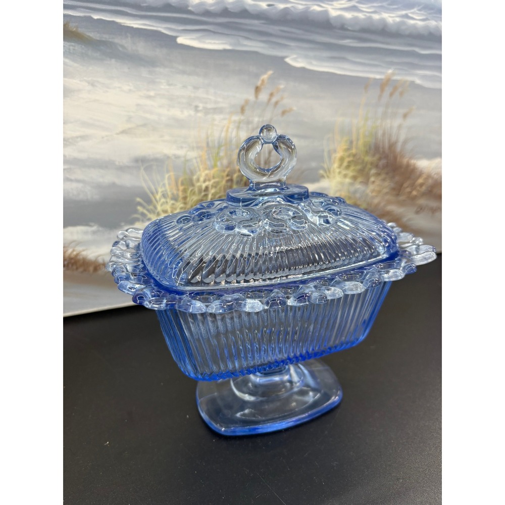 Vintage Indiana Glass Candy Dish & Lid Footed Pedestal Blue Ribbed Lace Edge - Picture 2 of 10